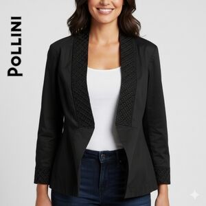 Sz 8 Pollini 100% Cotton Made in Italy Women's Black Open Front Blazer Jacket